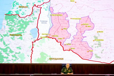 Chief of the Main Operational Directorate of the General Staff of the Russian Armed Forces Lieutenant General Sergei Rudskoi speaks during a news briefing, with a map showing the territory of Israel, Jordan, Lebanon and Syria seen in the background, in Moscow, Russia, August 2, 2018. MAP BY REUTERSAlexander Zemlianichenko