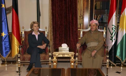 German Defence Minister Ursula von der Leyen (L) meets with Iraqi Kurdish regional President Masoud Barzani in Arbil, north of Baghdad, January 11, 2015. PHOTO BY REUTERS/Azad Lashkari
