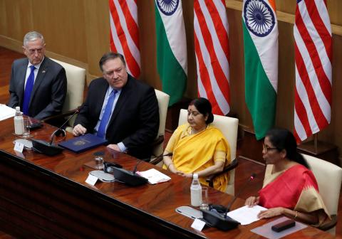 U.S. Secretary of State Mike Pompeo, U.S. Secretary of Defence James Mattis, India's Foreign Minister Sushma Swaraj and India's Defence Minister Nirmala Sitharaman attend a joint news conference after a meeting in New Delhi, India, September 6, 2018. PHOTO BY REUTERS/Adnan Abidi