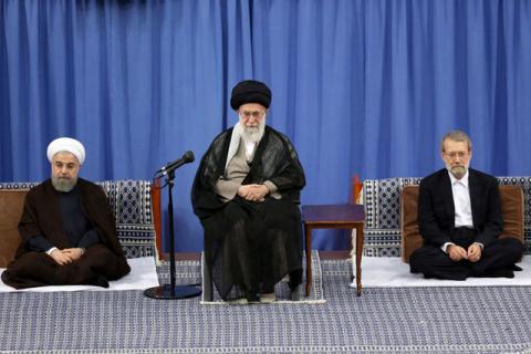 (R L) Iran's parliament speaker Ali Larijani, Iran's Supreme Leader Ayatollah Ali Khamenei, and Iranian President Hassan Rouhani attend Supreme Leader’s meeting with authorities of the country and ambassadors of Islamic countries, in Tehran, Iran July 6, 2016. PHOTO BY REUTERS/President.ir