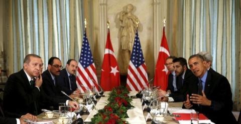 U.S. President Barack Obama meets with Turkish President Recep Tayyip Erdogan (L) at the U.S. ambassador's residence during the World Climate Change Conference 2015 (COP21) in Paris, France, December 1, 2015. PHOTO BY REUTERS/Kevin Lamarque