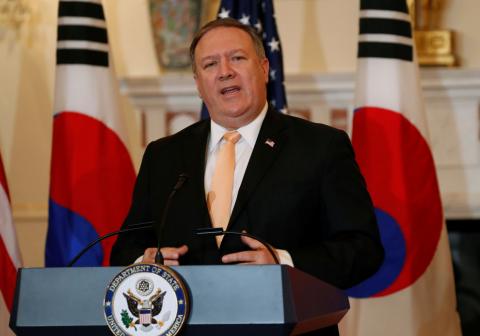 U.S. Secretary of State Mike Pompeo speaks during a joint press availability with South Korean Foreign Minister Kang Kyung-wha after their meeting at the State Department in Washington, U.S., May 11, 2018. PHOTO BY REUTERS/Kevin Lamarque