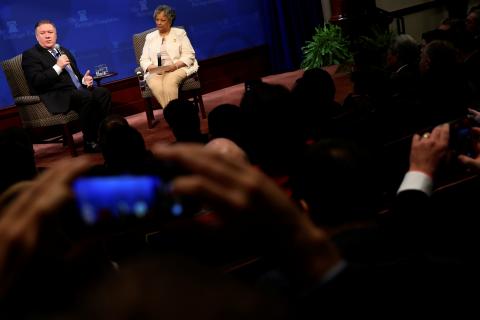 U.S. Secretary of State Mike Pompeo speaks with Heritage Foundation President Kay Coles James after his remarks on the Trump administration's Iran policy at the Heritage Foundation in Washington, U.S. May 21, 2018. PHOTO BY REUTERS/Jonathan Ernst