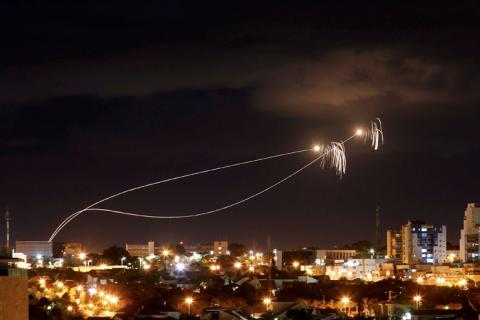 Iron Dome anti-missile system fires interception missiles as rockets are launched from Gaza towards Israel as seen from the city of Ashkelon, Israel October 27, 2018. PHOTO BY REUTERS/Amir Cohen