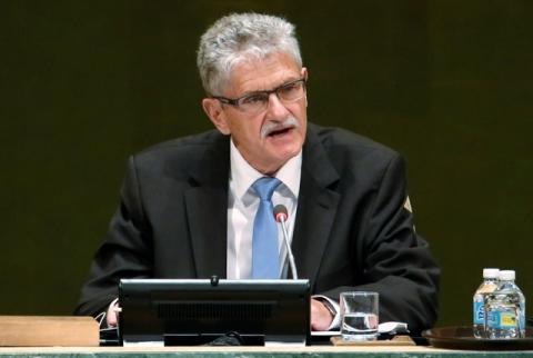 Mogens Lykketoft, president for the UN General Assembly, speaks after Pope Francis addressed a plenary meeting of the United Nations Sustainable Development Summit 2015 at United Nations headquarters in Manhattan, New York, September 25, 2015. PHOTO BY REUTERS/Mike Segar