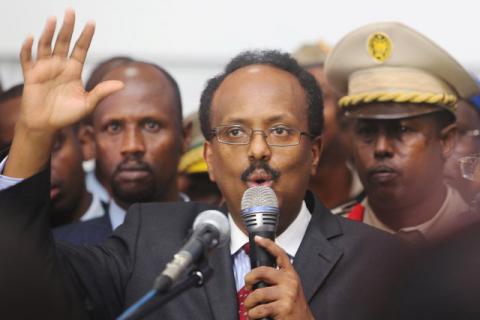 Somalia's newly-elected President Mohamed Abdullahi Farmajo addresses lawmakers after winning the vote at the airport in Somalia's capital Mogadishu, February 8, 2017. PHOTO BY REUTERS/Feisal Omar