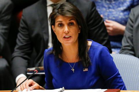 United States Ambassador to the United Nations Nikki Haley speaks during the emergency United Nations Security Council meeting on Syria at the U.N. headquarters in New York, U.S., April 14, 2018. PHOTO BY REUTERS/Eduardo Munoz