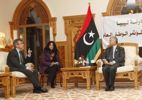Nouri Abusahmain, the head of Libya's General National Congress (GNC) (R) meets with Bernardino Leon (L) Special Representative United Nations (U.N.) for Libya in Tripoli, December 8, 2014. PHOTO BY REUTERS/Ismail Zitouny