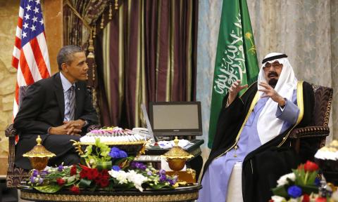 U.S. President Barack Obama meets with King Abdullah at Rawdat al-Khraim (Desert Camp) near Riyadh in Saudi Arabia