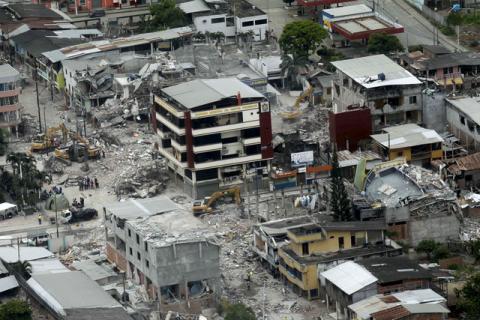 An aerial view is seen of Pedernales, after an earthquake struck off Ecuador's Pacific coast, April 20, 2016. PHOTO BY REUTERS/Guillermo Granja