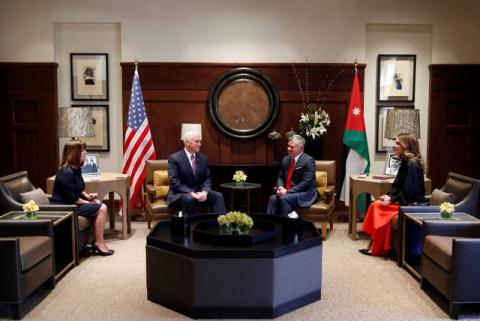 Jordan's King Abdullah, his wife Queen Rania (R), meet with U.S. Vice President Mike Pence, and wife Karen Pence, at the Royal Palace in Amman, Jordan, January 21, 2018. PHOTO BY REUTERS/Muhammad Hamed