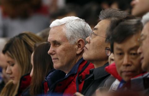 U.S. Vice President Mike Pence and South Korea's President Moon Jae-in attend short track speed skating events at the Gangneung Ice Arena in South Korea, February 10, 2018. PHOTO BY REUTERS/John Sibley
