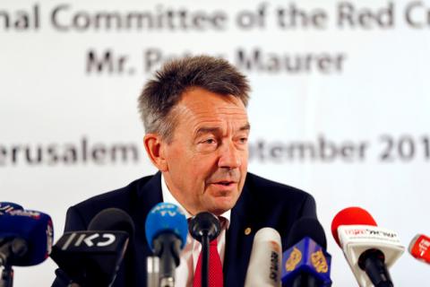 Peter Maurer, President of the International Committee of the Red Cross (ICRC), speaks during a news conference in Jerusalem, September 7, 2017. PHOTO BY REUTERS/Muammar Awad