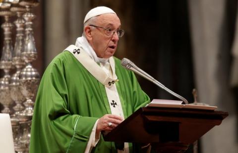 Pope Francis speaks as he leads a special mass to mark International Migrants Day in Saint Peter's Basilica at the Vatican, January 14, 2018. PHOTO BY REUTERS/Max Rossi