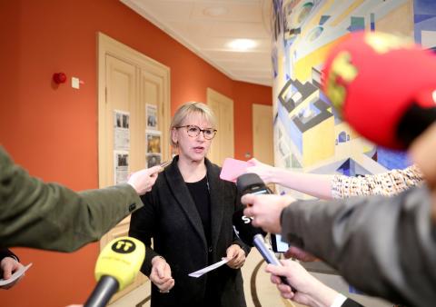 Sweden's Foreign Minister Margot Wallstrom comments a meeting with North Korean Foreign Minister Ri Yong Ho, in the Swedish house of parliament in Stockholm, Sweden, March 16, 2018. PHOTO BY REUTERS/TT News Agency/Soren Andersson