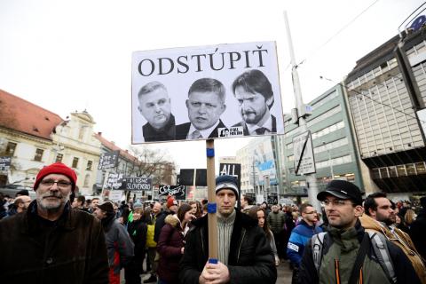 Demonstrators attend a protest called "Let's stand for decency in Slovakia" in reaction to the murder of Slovak investigative reporter Jan Kuciak and his fiancee Martina Kusnirova, in Bratislava, Slovakia, March 9, 2018. PHOTO BY REUTERS/Radovan Stoklasa