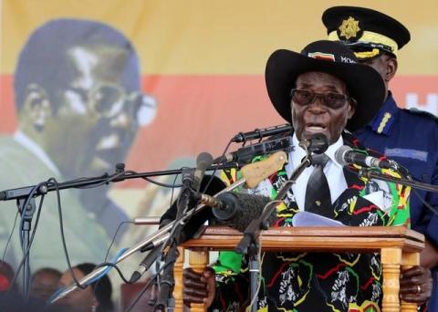 President Robert Mugabe speaks to supporters gathered to celebrate his 93rd birthday at Matopas near Bulawayo, Zimbabwe, February 25, 2017. PHOTO BY REUTERS/Philimon Bulawayo