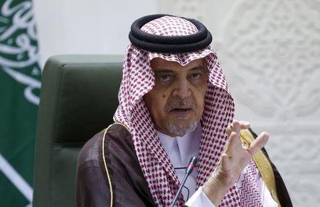 Saudi Foreign Minister Saud al-Faisal gestures during a joint news conference with his French counterpart Laurent Fabius in Riyadh, April 12, 2015. PHOTO BY REUTERS/Faisal Al Nasser