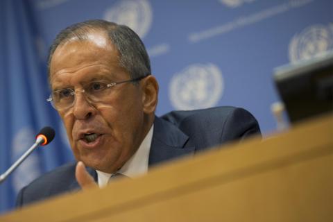 Russian Foreign Minister Sergei Lavrov speaks during a news conference on the sidelines of the the 69th U.N. General Assembly at U.N. Headquarters in New York