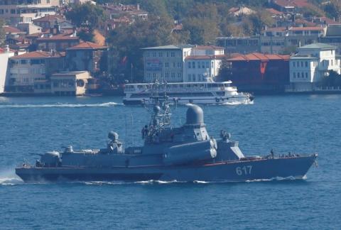 The Russian Navy's missile corvette Mirazh sails in the Bosphorus, on its way to the Mediterranean Sea, in Istanbul, Turkey, October 7, 2016. PHOTO BY REUTERS/Murad Sezer