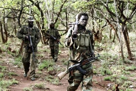 Ugandan soldiers, who are tracking down Lord's Resistance Army (LRA) fugitive leaders, walk at a forest bordering Central African Republic (CAR), South Sudan and Democratic Republic of Congo, near river Chinko, April 18, 2012. PHOTO BY REUTERS/Justin Dralaze