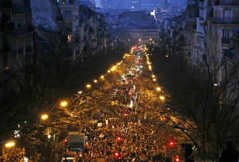 A general view shows hundreds of thousands of French citizens taking part in a solidarity march (Marche Republicaine) in the streets of Paris, January 11, 2015. PHOTO BY REUTERS/Eric Gaillard