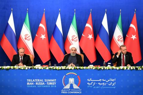 President Vladimir Putin of Russia, Hassan Rouhani of Iran and Tayyip Erdogan of Turkey attend a news conference following their meeting in Tehran, Iran, September 7, 2018. PHOTO BY REUTERS/Kirill Kudryavtsev/Pool