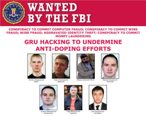 A U.S. Federal Bureau of Investigation (FBI) poster shows photographs of seven men identified as Russian intelligence officers who were indicted in Washington, D.C., October 4, 2018. PHOTO BY REUTERS/Federal Bureau of Investigation