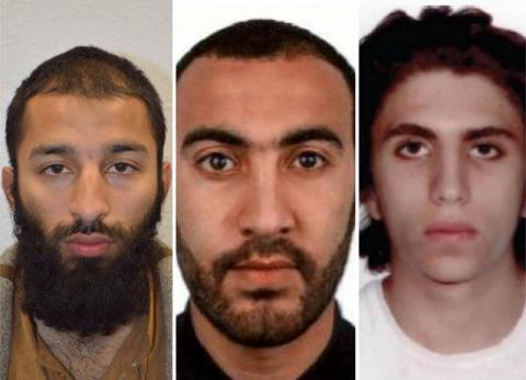 Italian national Youssef Zaghba, 22, identified by Italian and British law enforcement bodies as the third man shot dead by police officers during the attack on London Bridge and Borough Market is seen on right with the other two men named, Khuram Shazad Butt on left and Rachid Redouane, June 6, 2017. PHOTO BY REUTERS