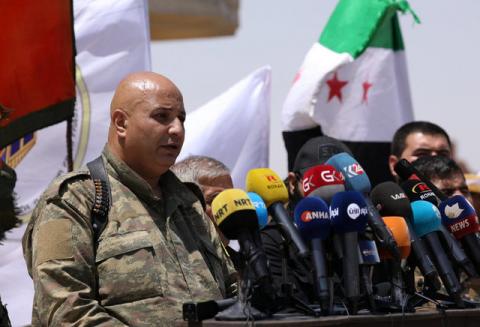 Syrian Democratic Forces (SDF) spokesman Talal Silo speaks during a press conference in Hukoumiya village in Raqqa, Syria, June 6, 2017. PHOTO BY REUTERS/Rodi Said