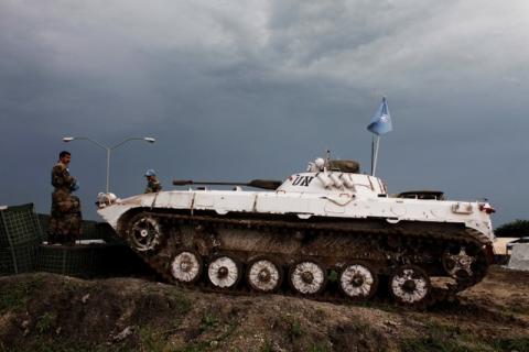 United Nations peacekeepers guard a United Nations base in Malarial, July 23, 2014. PHOTO BY REUTERS/Andreea Campeanu