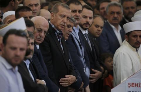 Turkish President Recep Tayyip attends a funeral service for victims of the thwarted coup in Istanbul at Fatih mosque in Istanbul, Turkey, July 17, 2016. PHOTO BY REUTERS/Alkis Konstantinidis