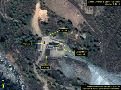 A satellite image of the area around North Korea's Punggye-Ri nuclear test site shows graphics pointing to what monitoring group 38 North says are signs of increased activity, in a photo released by the 38 North group, October 7, 2016. PHOTO BY REUTERS/Airbus Defense & Space and 38 North
