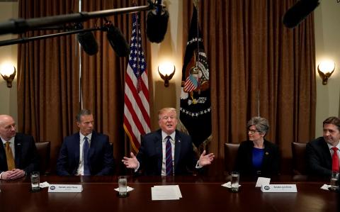 U.S. President Donald Trump speaks during a meeting with governors and members of Congress at the White House in Washington, U.S., April 12, 2018. PHOTO BY REUTERS/Kevin Lamarque