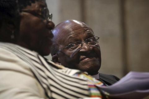 Archbishop Desmond Tutu and his wife Leah share a moment shortly before renewing their vows as they celebrate their 60th wedding anniversary in Cape Town, South Africa, July 2, 2015. PHOTO BY REUTERS/Mark Wessels