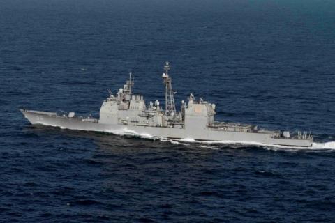 The guided-missile cruiser USS San Jacinto (CG 56) transits the Atlantic Ocean, March 31, 2016. PHOTO BY REUTERSMass Communication Specialist Seaman Casey J. Hopkins