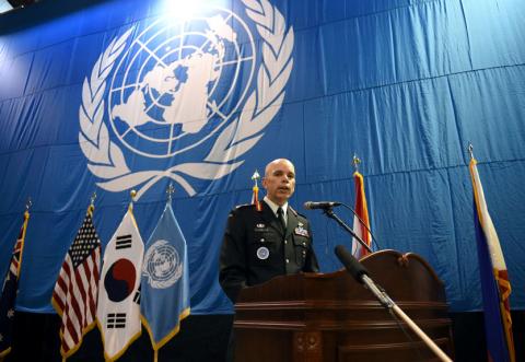 Canadian Lieutenant General Wayne Eyre, deputy commander of the United Nations Command in South Korea, speaks during a news conference before a repatriation ceremony for remains transferred by North Korea, at Osan Air Base in Pyeongtaek, South Korea, August 1, 2018. PHOTO BY REUTERS/Jung Yeon-je