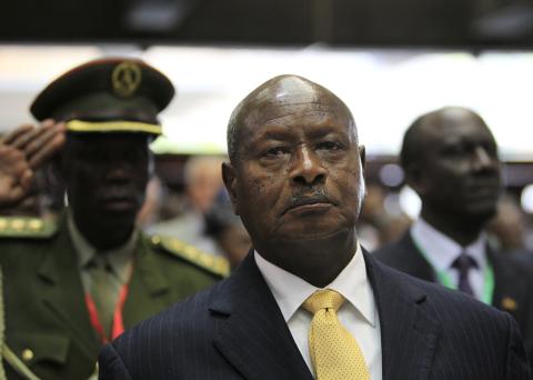 Uganda's President Yoweri Museveni arrives to attend the Africa Union Peace and Security Council Summit on Terrorism at the Kenyatta International Convention Centre in Nairobi