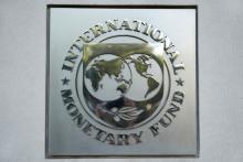 International Monetary Fund (IMF) logo is seen at the IMF headquarters building during the IMF/World Bank annual meetings in Washington, U.S., October 14, 2017. PHOTO BY REUTERS/Yuri Gripas