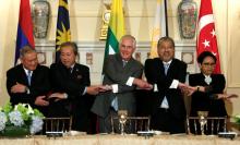 U.S. Secretary of State Rex Tillerson (C) shakes hands with ASEAN foreign ministers before a working lunch at the State Department in Washington, U.S., May 4, 2017. PHOTO BY REUTERS/Yuri Gripas