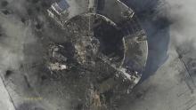 An aerial footage shot by a drone shows a multi-storey control tower of the Sergey Prokofiev International Airport damaged by shelling during fighting between pro-Russian separatists and Ukrainian government forces, in Donetsk, eastern Ukraine, January 15, 2015. REUTERS/Army.SOS