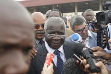 Presidential Candidate Afonso Dhlakama of the Mozambican Resistance Movement (RENAMO) speaks to the media after voting in Maputo