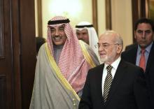 Kuwait Minister of Foreign Affairs Sheikh Sabah alKhalid al Sabah (L) and Iraq's Foreign Affairs Minister Ibrahim AlJaafari (R) enter a news briefing in Kuwait City, Kuwait, December 22, 2015. PHOTO BY REUTERS/Stephanie McGehee