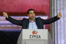 The head of radical leftist Syriza party Alexis Tsipras speaks to supporters after winning the elections in Athens, January 25, 2015. PHOTO BY REUTERS/Marko Djurica