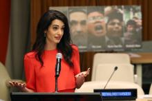 Attorney Amal Clooney speaks during the Press Behind Bars: Undermining Justice and Democracy Justice event during the 73rd session of the United Nations General Assembly at U.N. headquarters in New York, U.S., September 28, 2018. PHOTO BY REUTERS/Shannon Stapleton