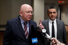 Russian Ambassador to the United Nations Vassily Nebenzia (L) and Bolivia's Ambassador to the United Nations Sacha Sergio Llorenty Soliz speak to the media outside Security Council chambers at the U.N. headquarters in New York, U.S., April 12, 2018. PHOTO BY REUTERS/Shannon Stapleton