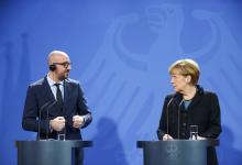 German Chancellor Angela Merkel and Belgium's Prime Minister Charles Michel speak to media after their talks at the Chancellery in Berlin, November 21, 2014. PHOTO BY REUTERS/Hannibal Hanschke