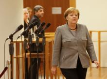 German Chancellor Angela Merkel of the Christian Democratic Union (CDU) during the exploratory talks about forming a new coalition government in Berlin, Germany, November 19, 2017. PHOTO BY REUTERS/Axel Schmidt