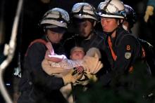 An eight-month-old baby is carried away by rescue workers after being rescued from her collapsed home following an earthquake in Mashiki town, Kumamoto prefecture, southern, Japan. PHOTO BY REUTERS/Daisuke Wada