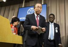 United Nations Secretary-General Ban Ki-moon walks after speaking to the media after the UN Chief Executive Board's private session on the Ebola response in Washington, November 21, 2014. PHOTO BY REUTERS/Joshua Roberts